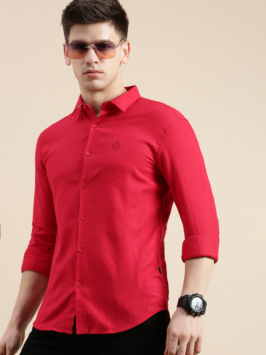 Men Spread Collar Solid Red Shirt