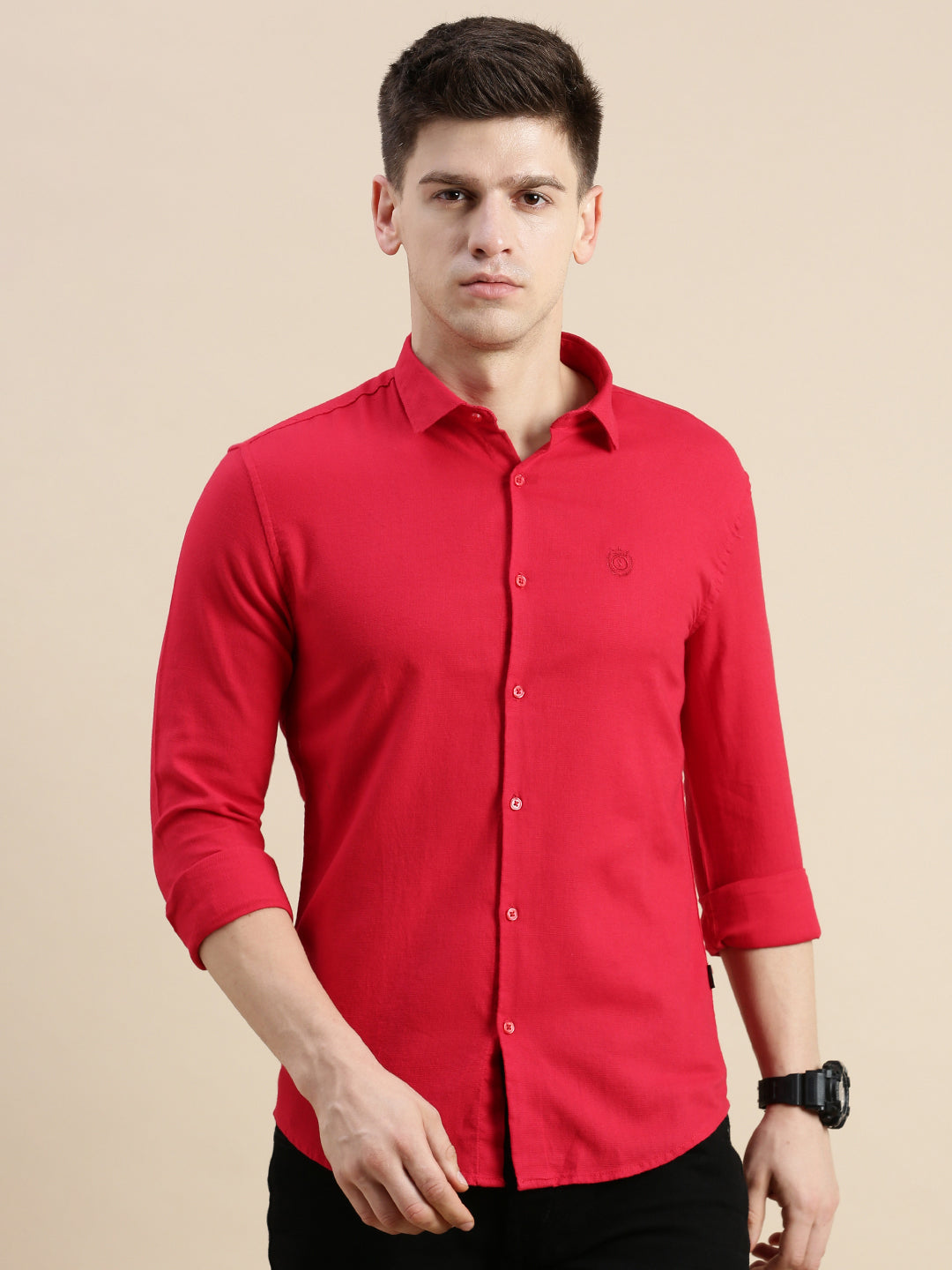 Men Spread Collar Solid Red Shirt