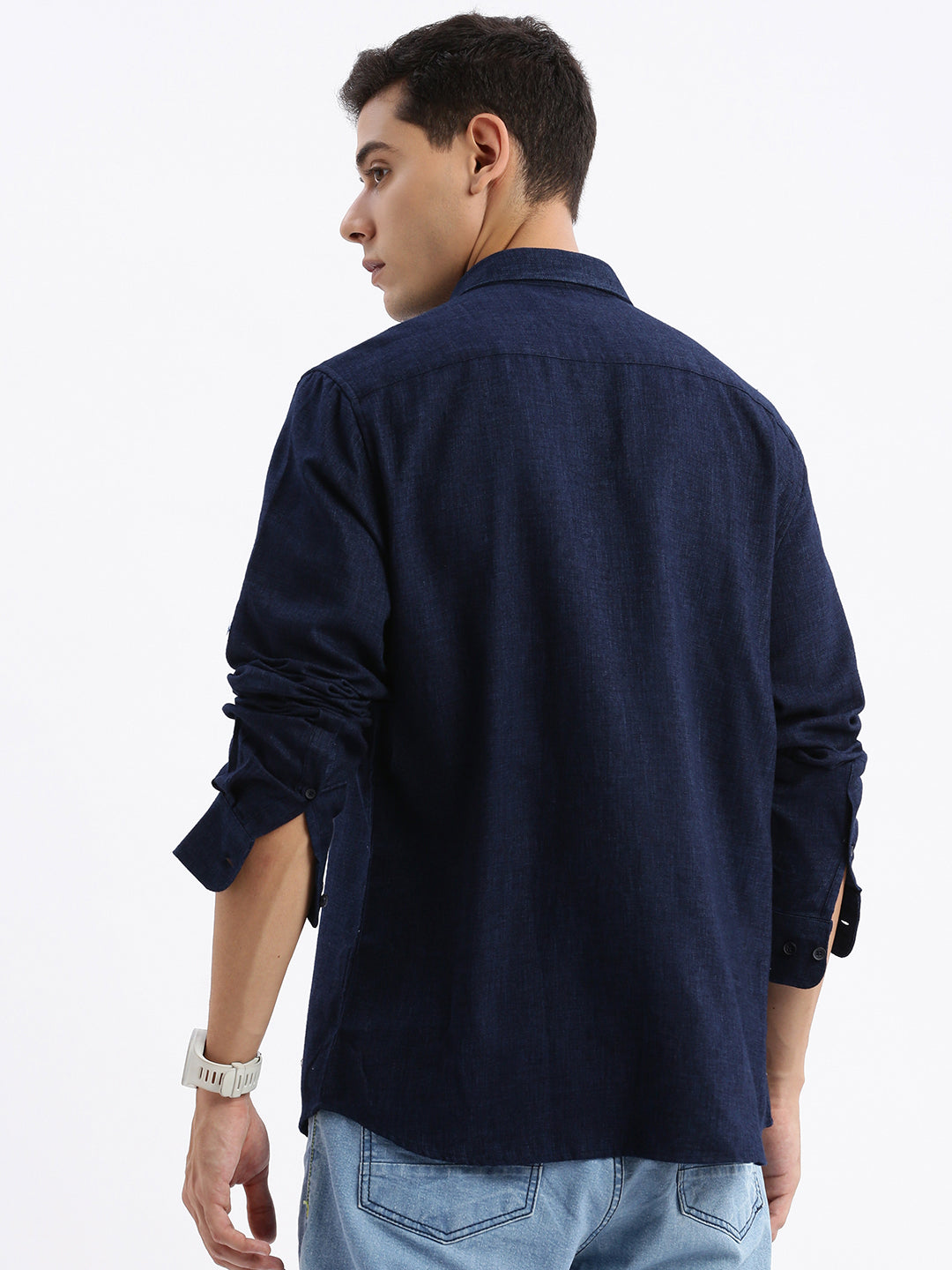 Men Spread Collar Solid Slim Fit Navy Blue Shirt