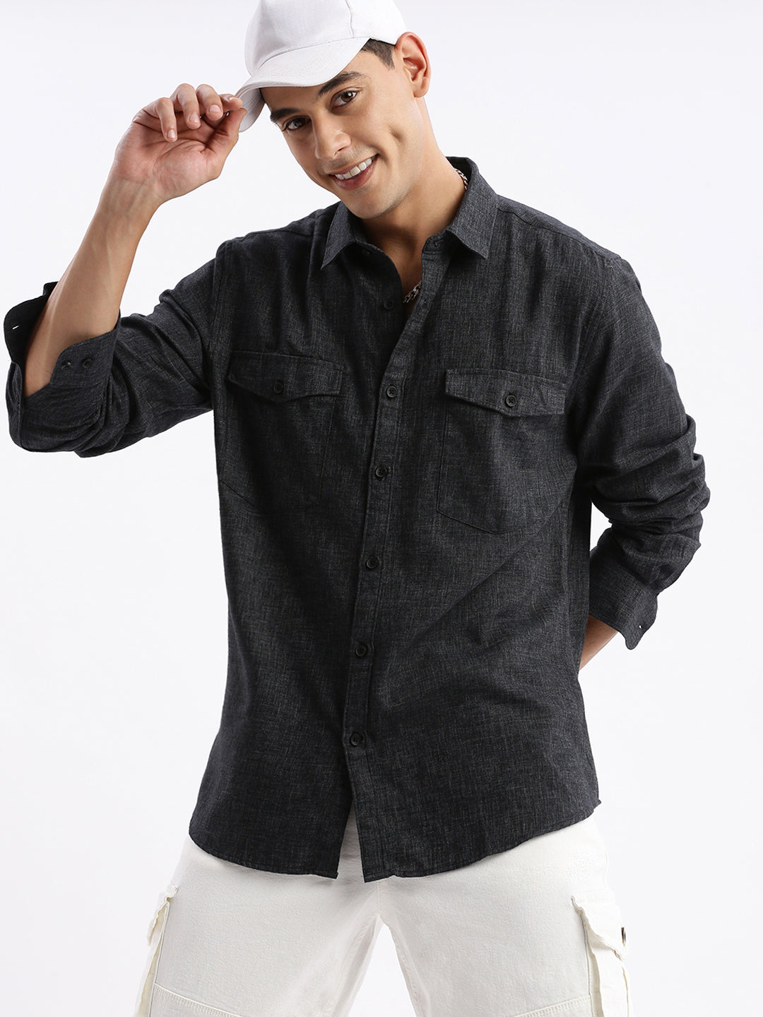 Men Spread Collar Solid Slim Fit Grey Shirt