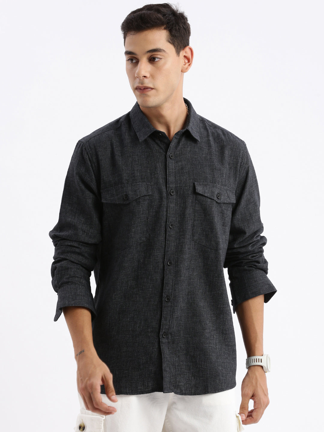 Men Spread Collar Solid Slim Fit Grey Shirt