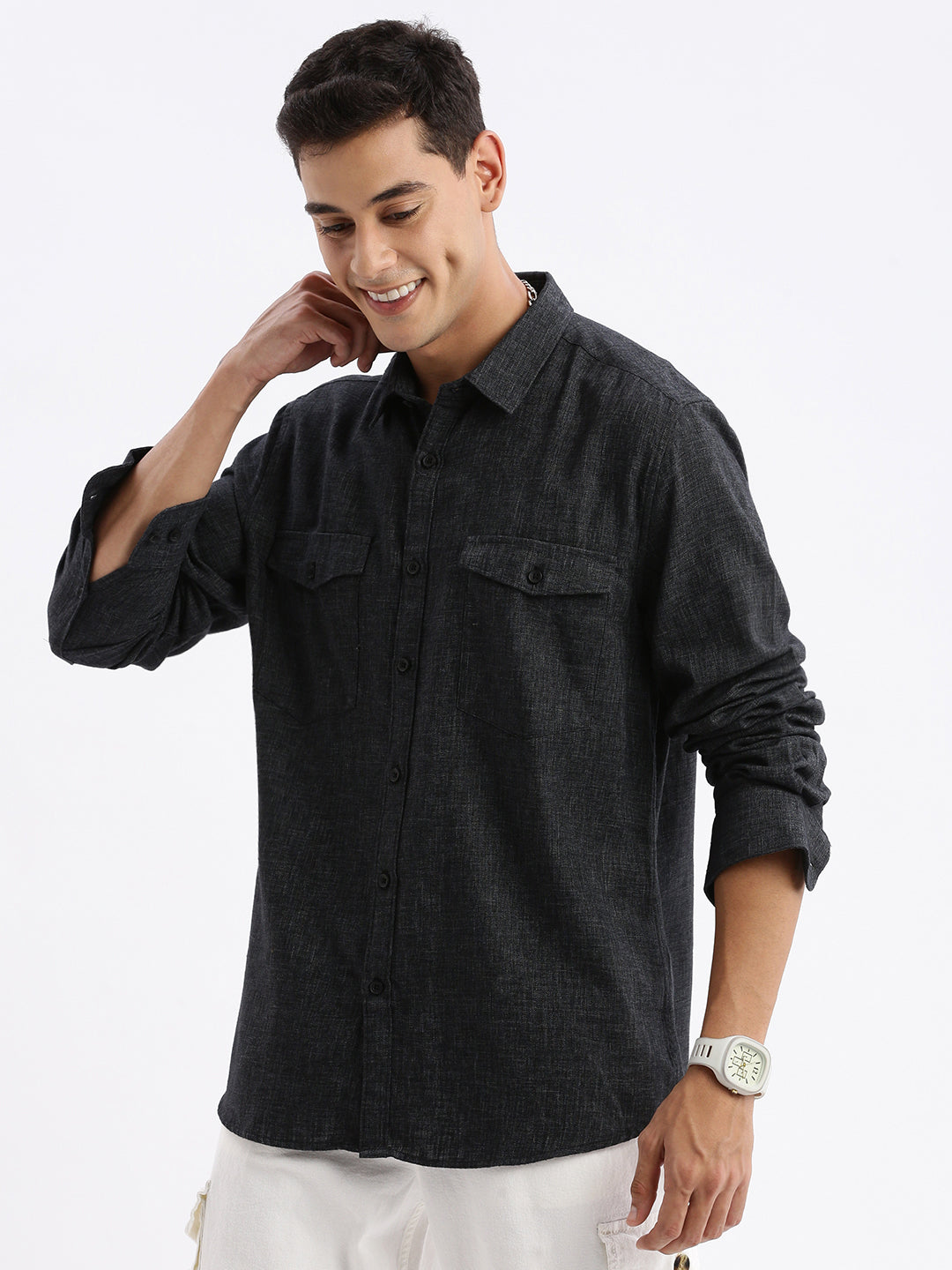 Men Spread Collar Solid Slim Fit Grey Shirt