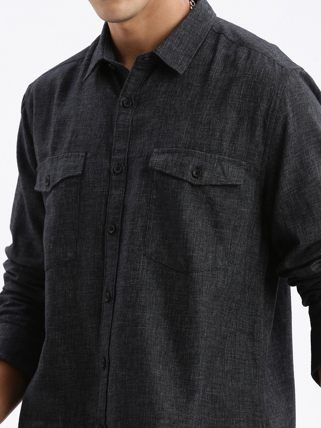 Men Spread Collar Solid Slim Fit Grey Shirt