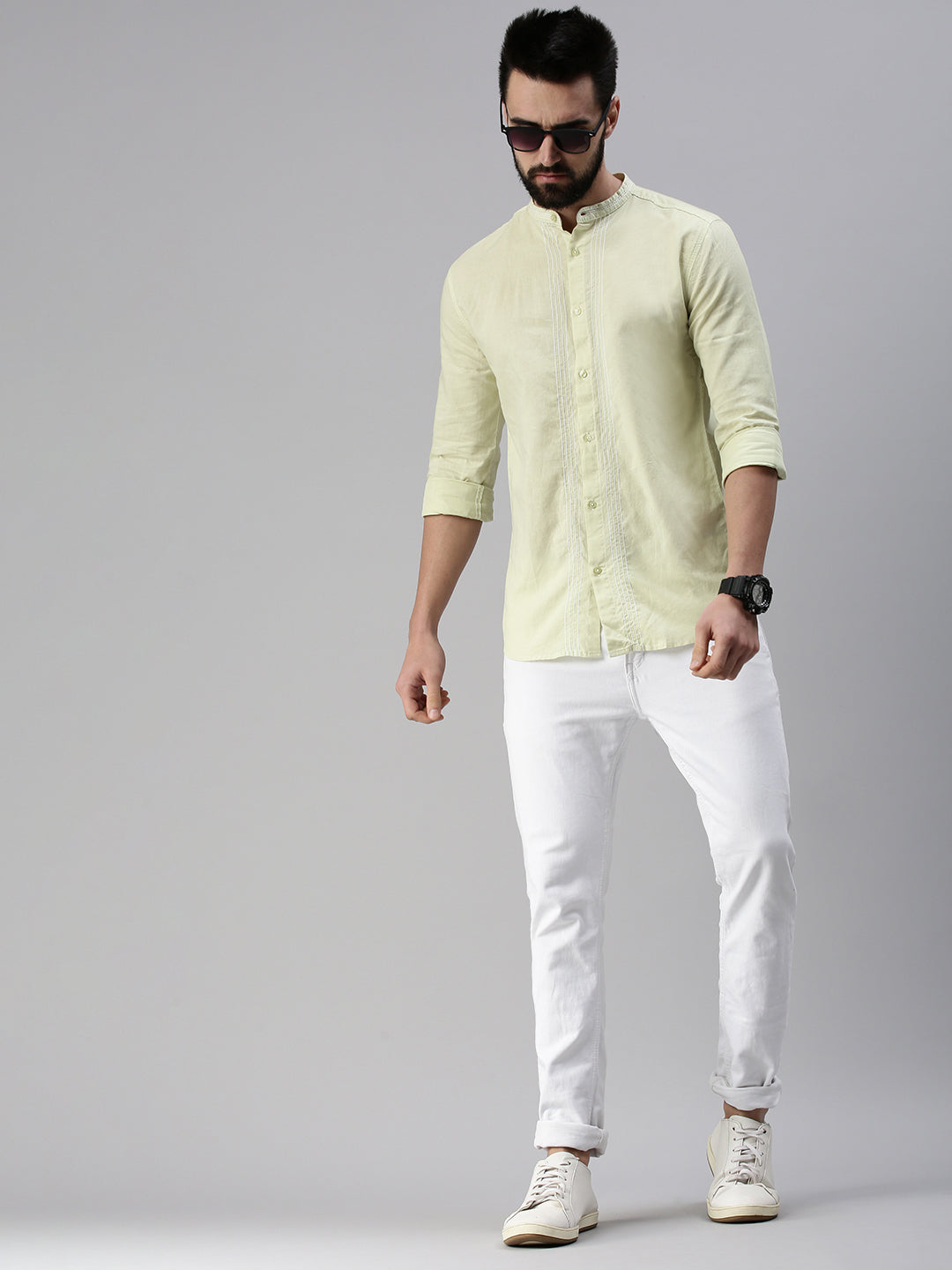 Men Mandarin Collar Solid Green Shirt