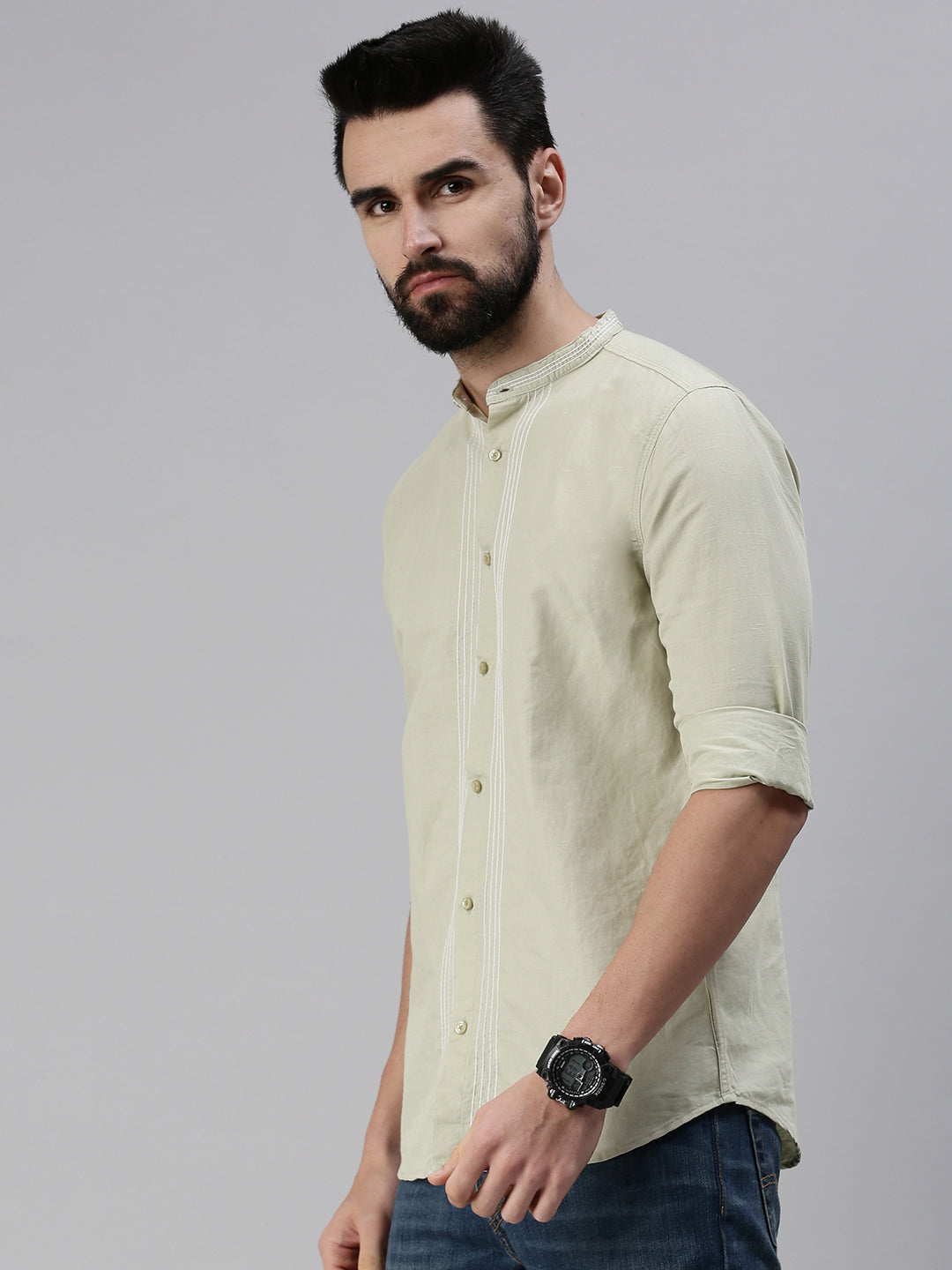 Men Mandarin Collar Solid Olive Shirt