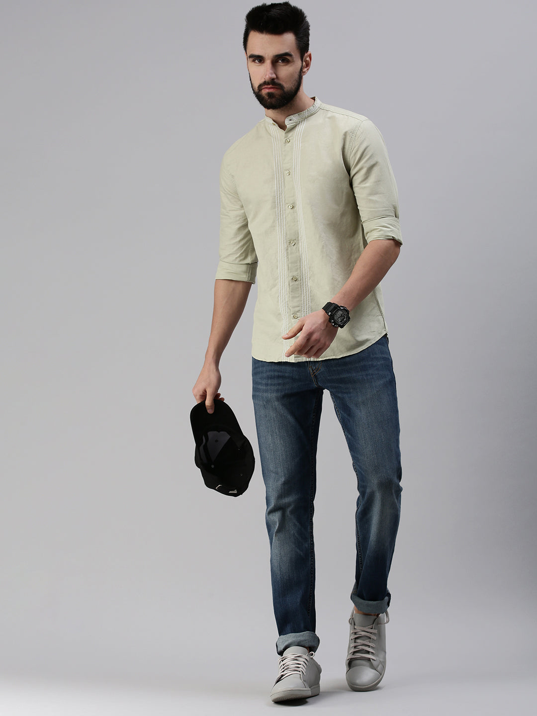 Men Mandarin Collar Solid Olive Shirt