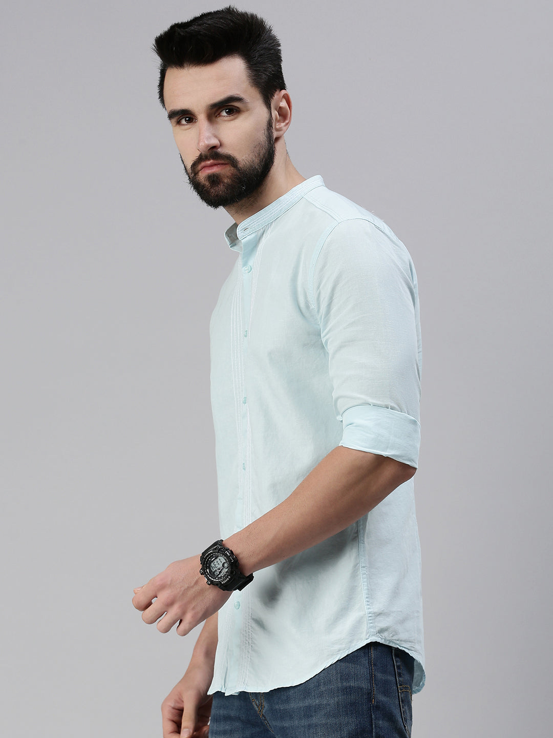 Men Mandarin Collar Solid Blue Shirt