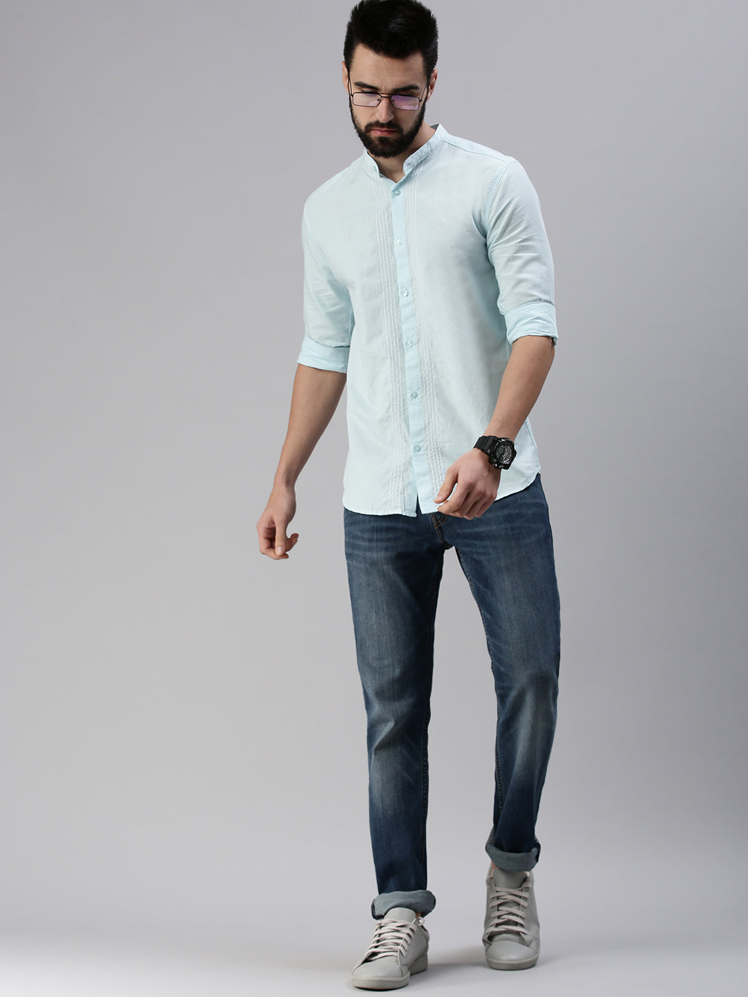 Men Mandarin Collar Solid Blue Shirt