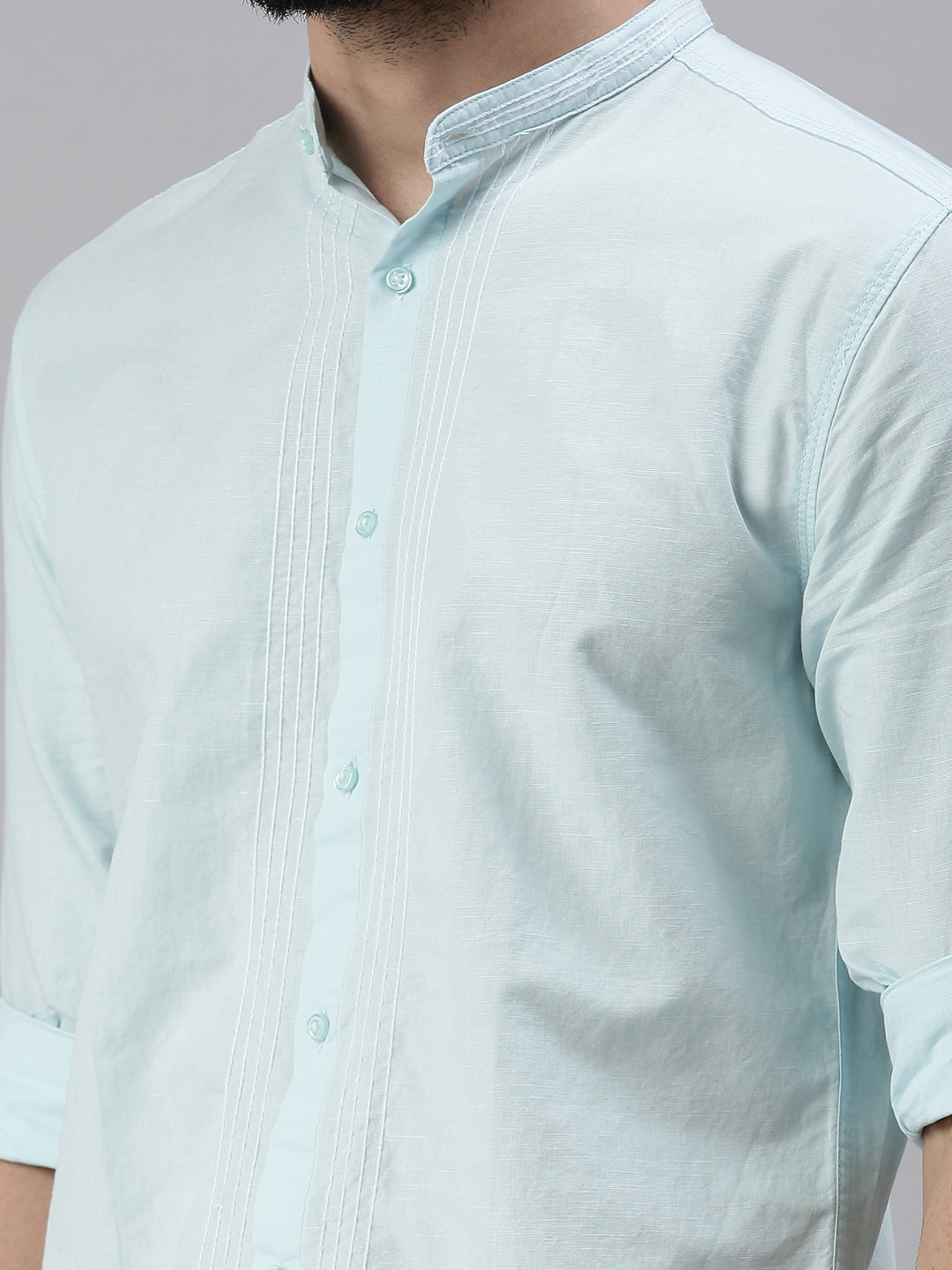 Men Mandarin Collar Solid Blue Shirt