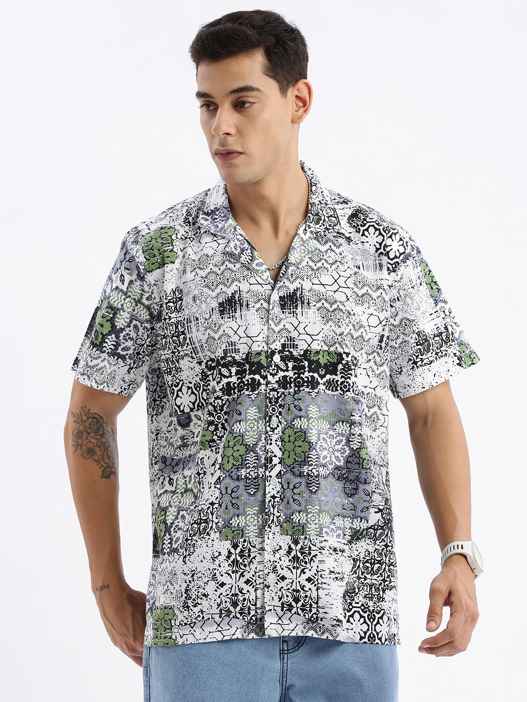 Men Cuban Collar Abstract Relaxed Fit Multi Shirt