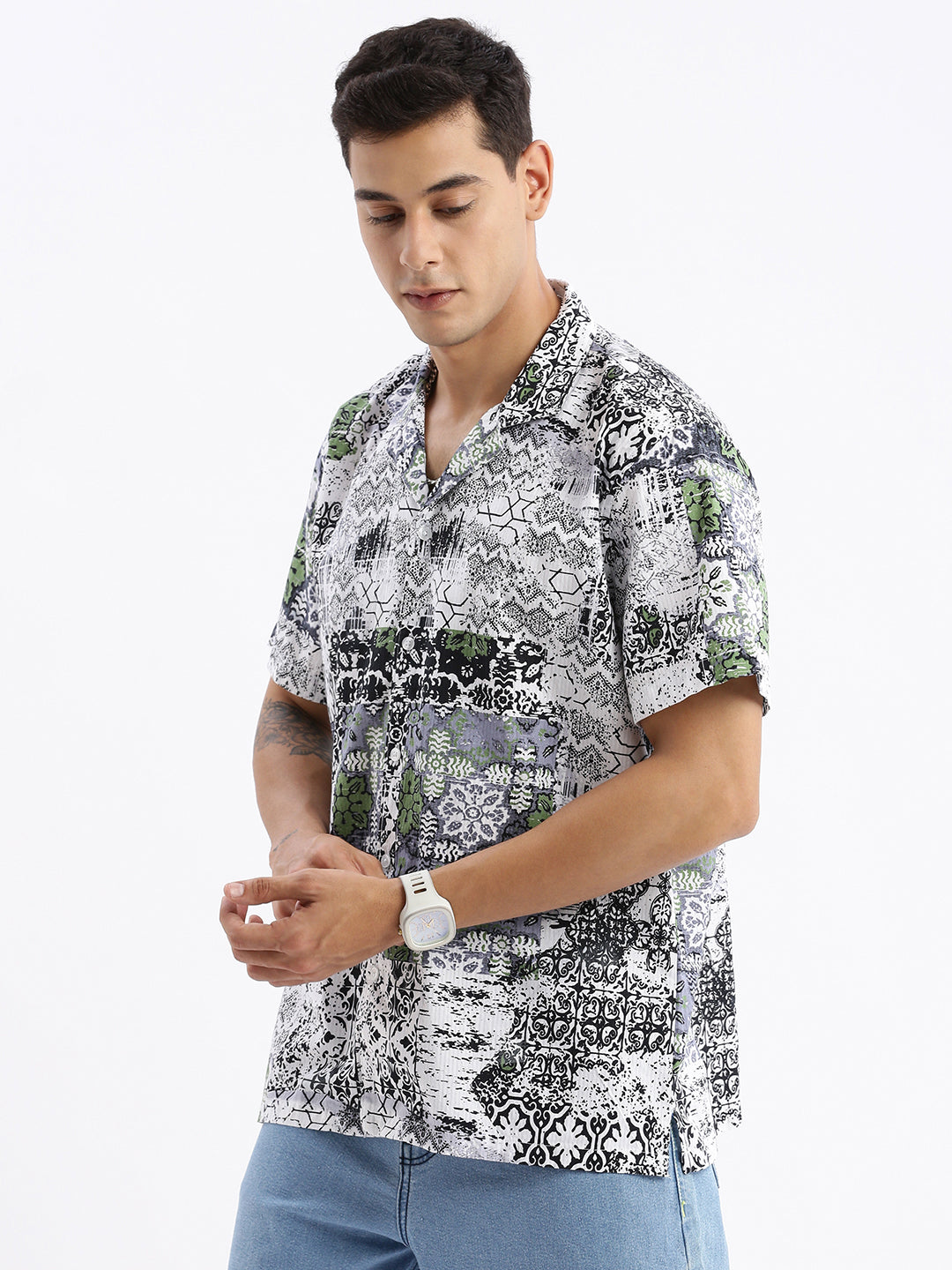 Men Cuban Collar Abstract Relaxed Fit Multi Shirt