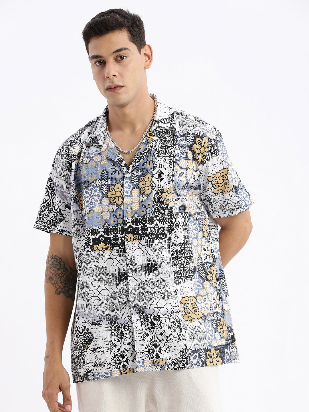 Men Cuban Collar Abstract Relaxed Fit Multi Shirt