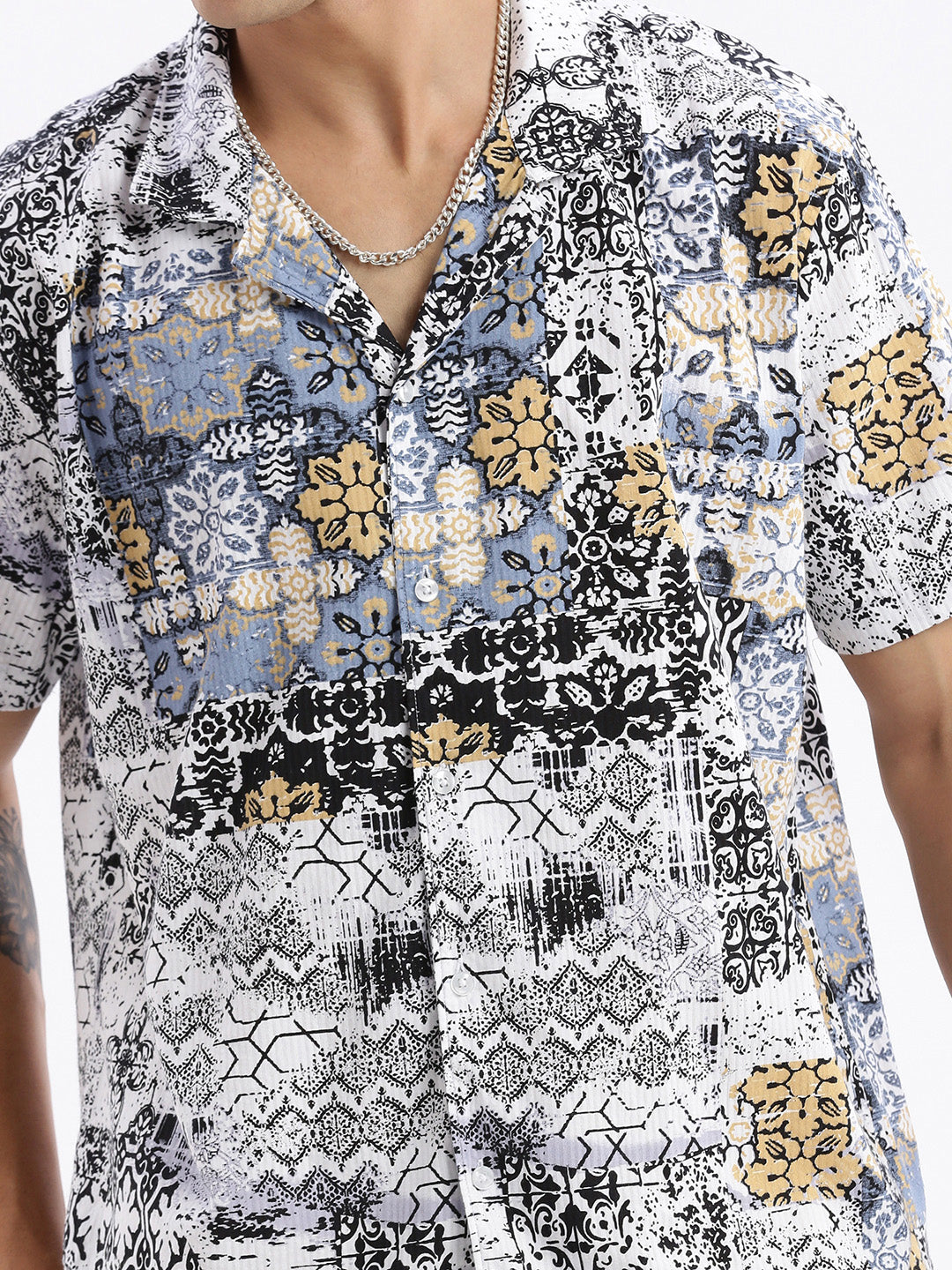 Men Cuban Collar Abstract Relaxed Fit Multi Shirt