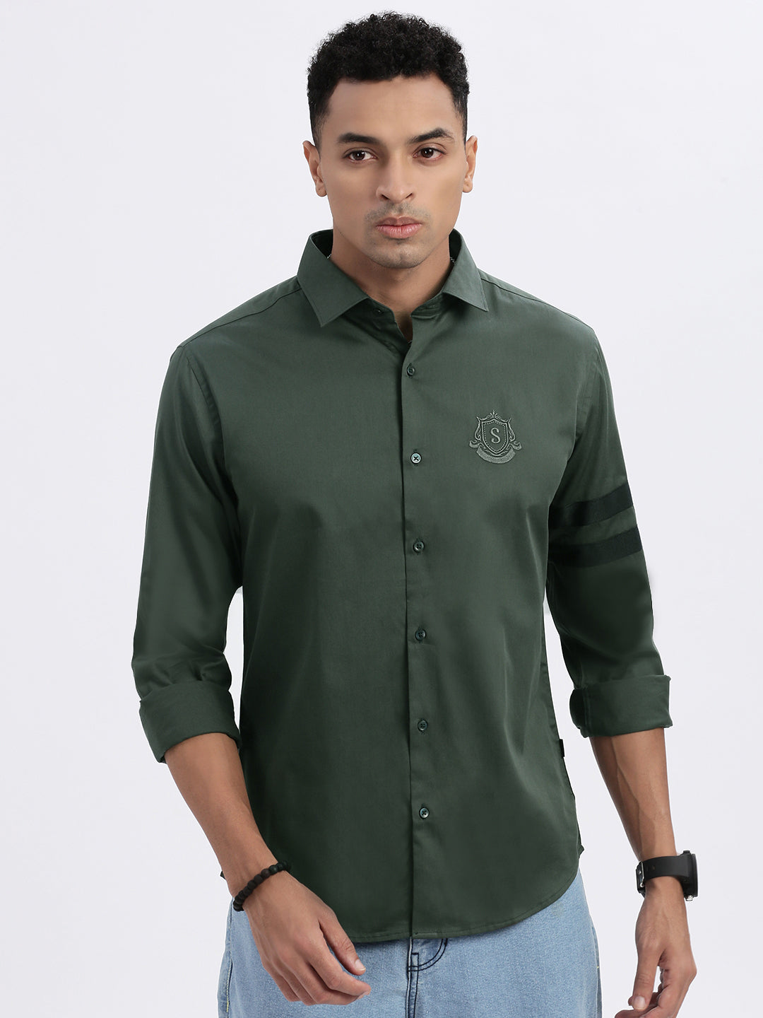 Men Green Solid Slim Fit Shirt