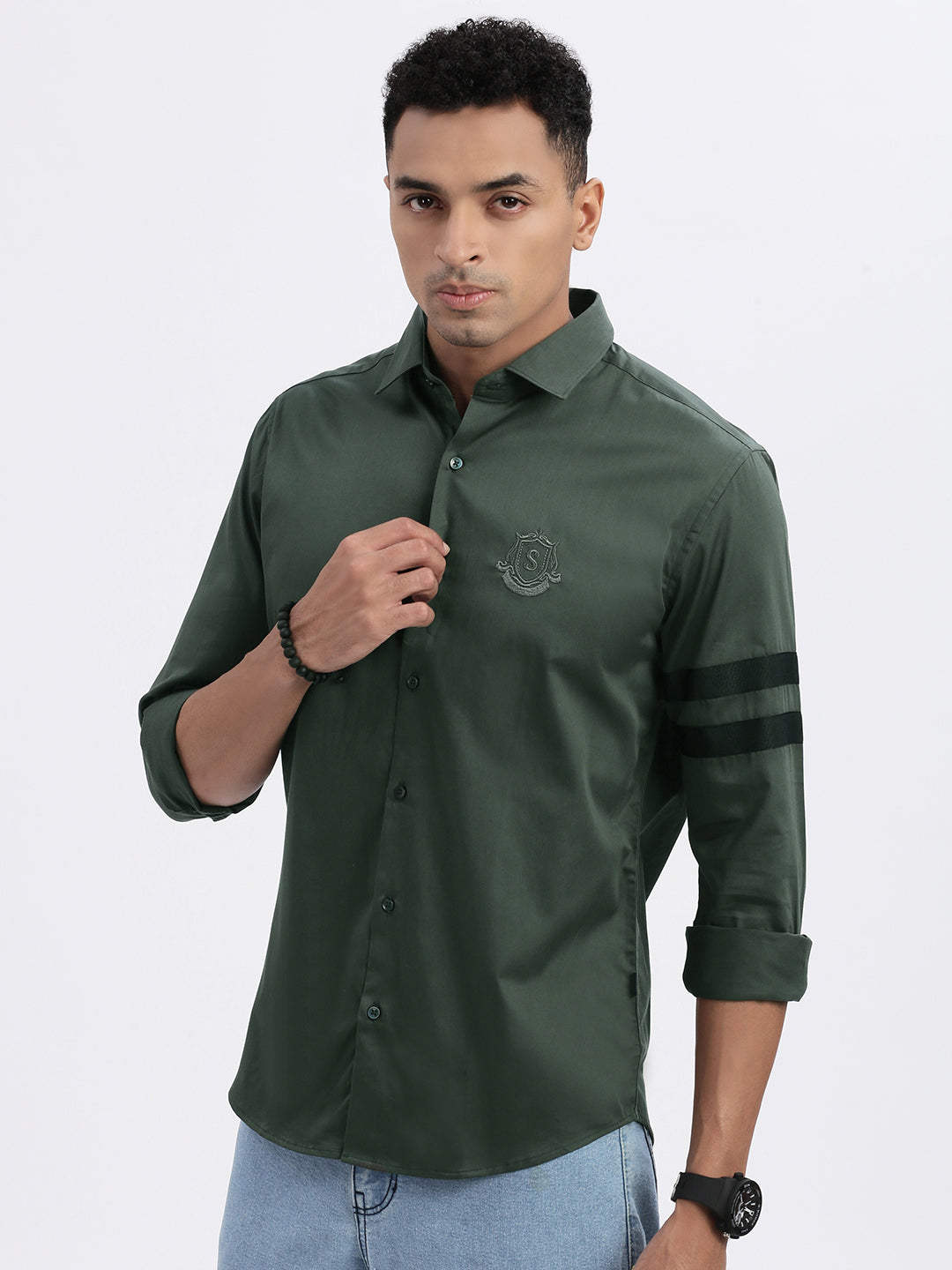 Men Green Solid Slim Fit Shirt