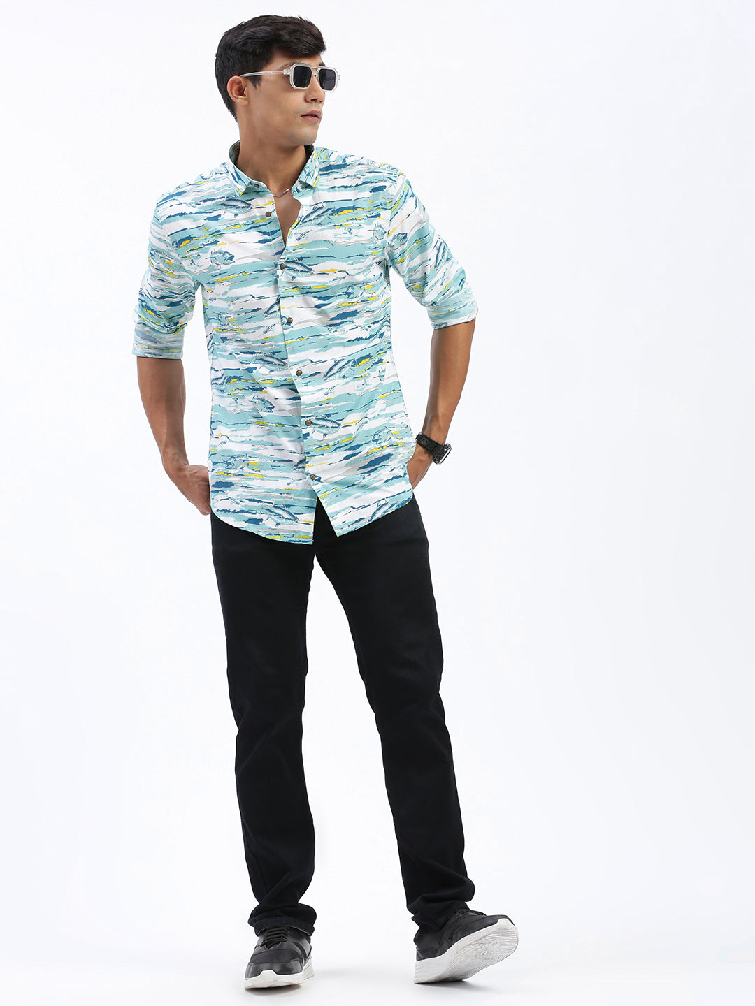 Men Abstract Blue Slim Fit Shirt