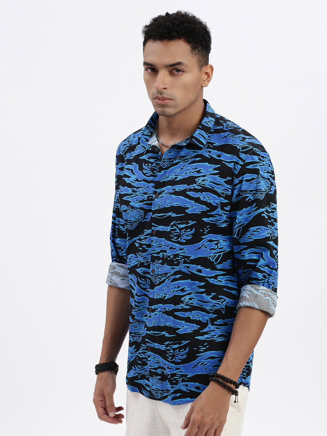 Men Blue Abstract Slim Fit Shirt