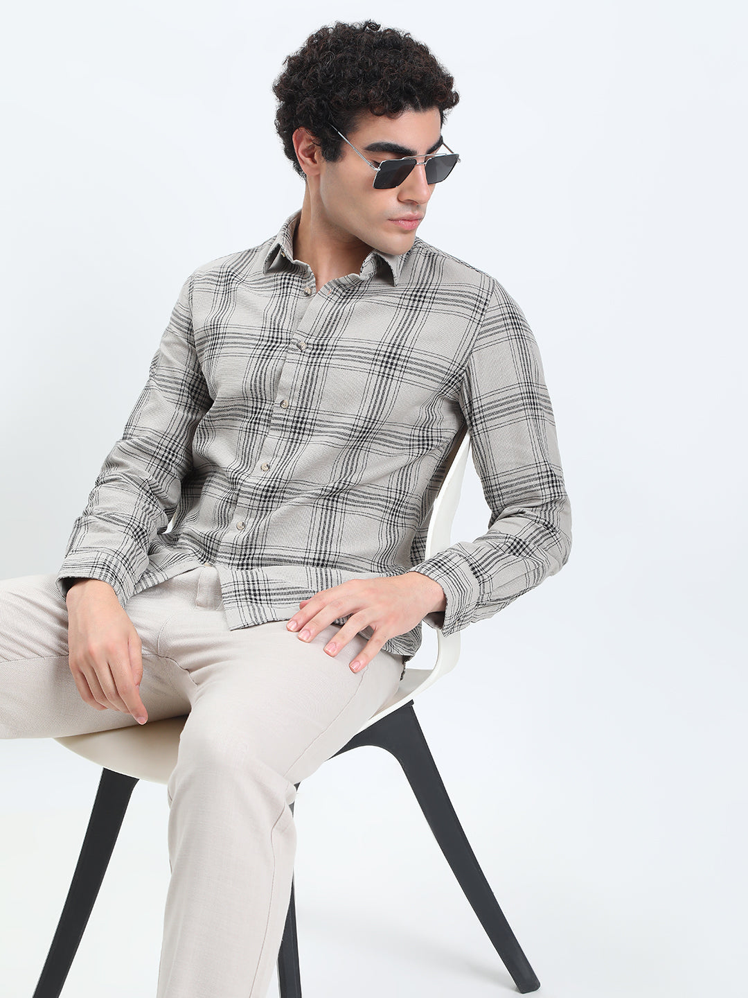 Men's Checked Grey Long Sleeve Slim Fit Shirt