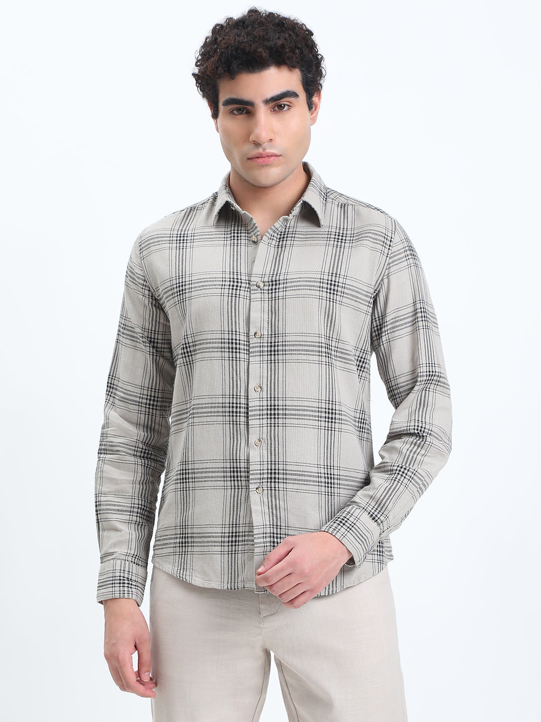 Men's Checked Grey Long Sleeve Slim Fit Shirt