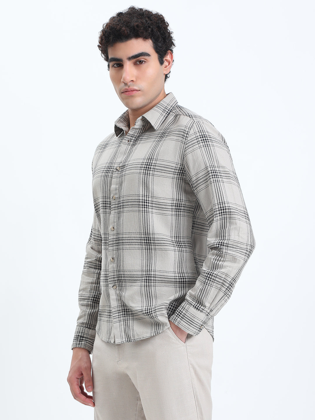 Men's Checked Grey Long Sleeve Slim Fit Shirt