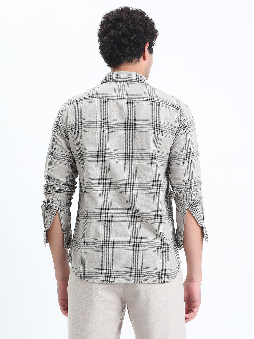 Men's Checked Grey Long Sleeve Slim Fit Shirt