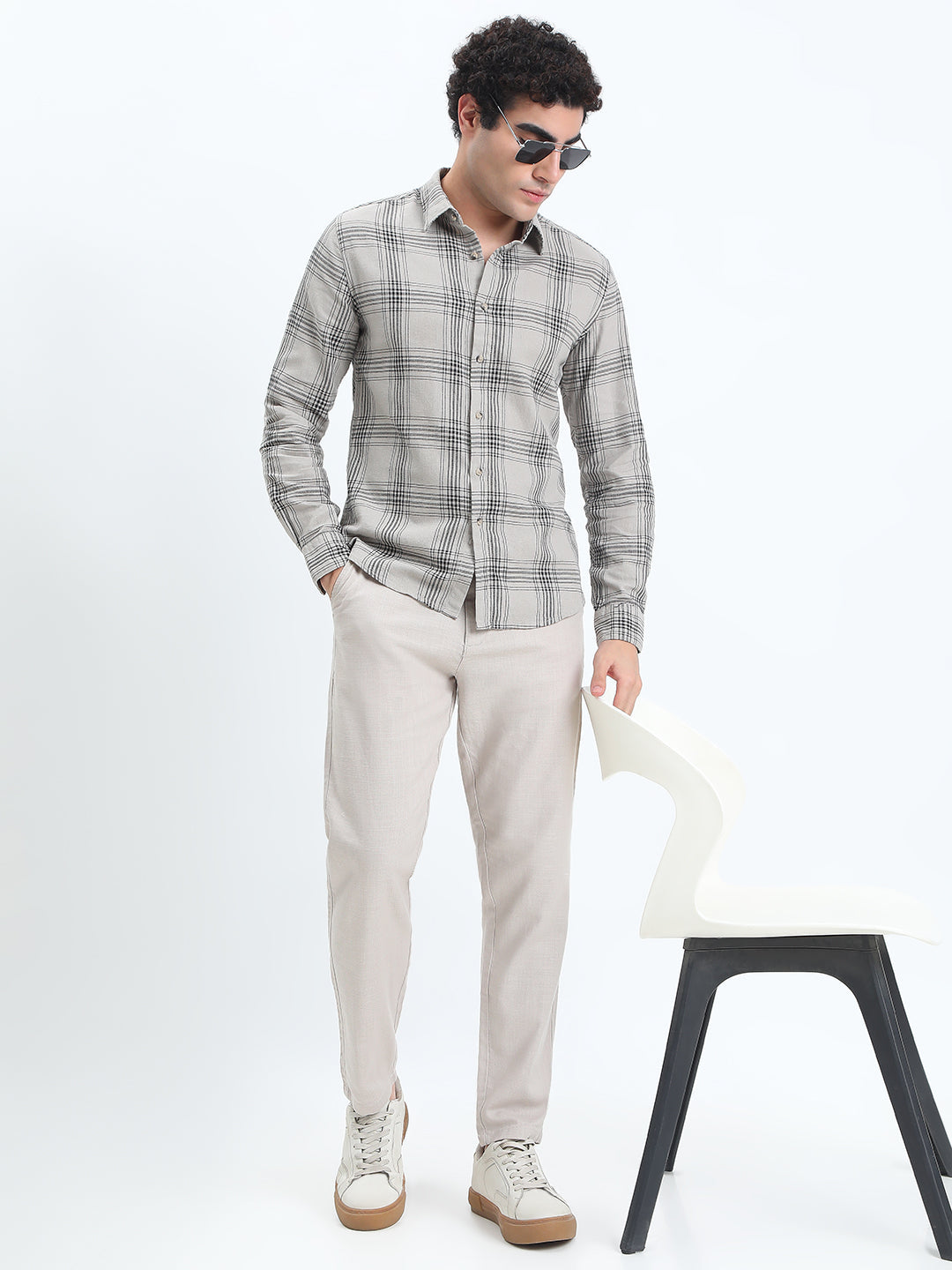Men's Checked Grey Long Sleeve Slim Fit Shirt