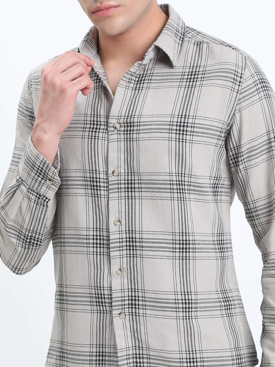 Men's Checked Grey Long Sleeve Slim Fit Shirt