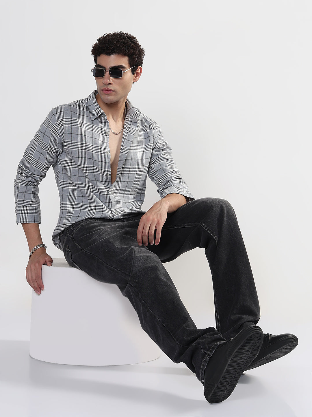 Men's Checked Grey Slim Fit Shirt