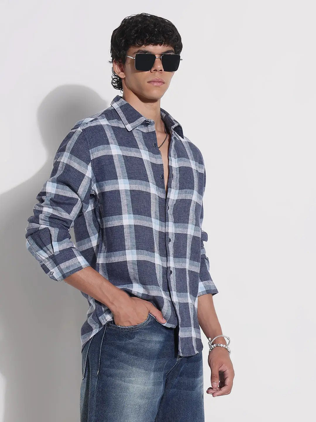 Men's Navy Blue Checked Relaxed Fit Shirt - from SHOWOFFFF
