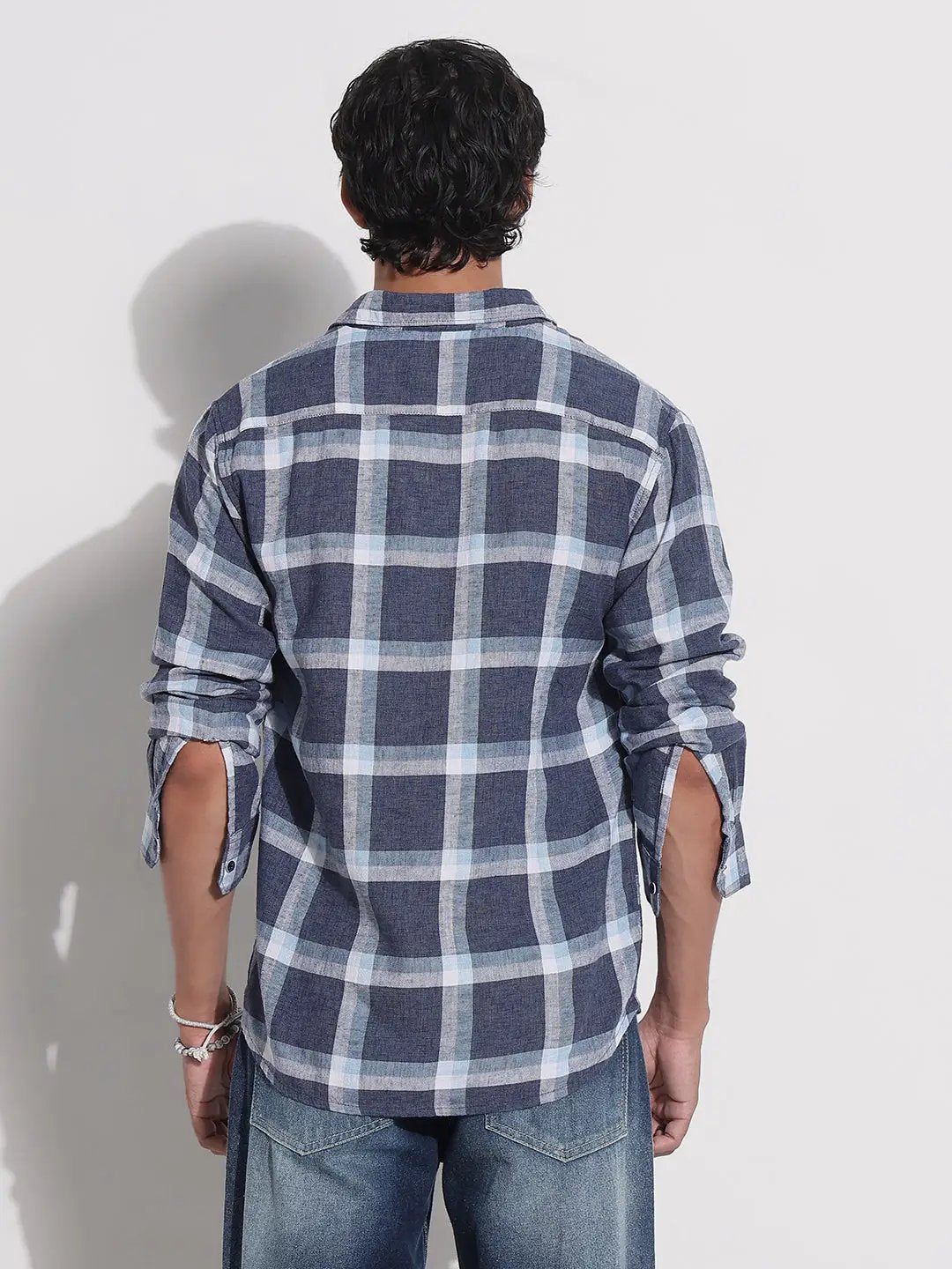 Men's Navy Blue Checked Relaxed Fit Shirt - from SHOWOFFFF