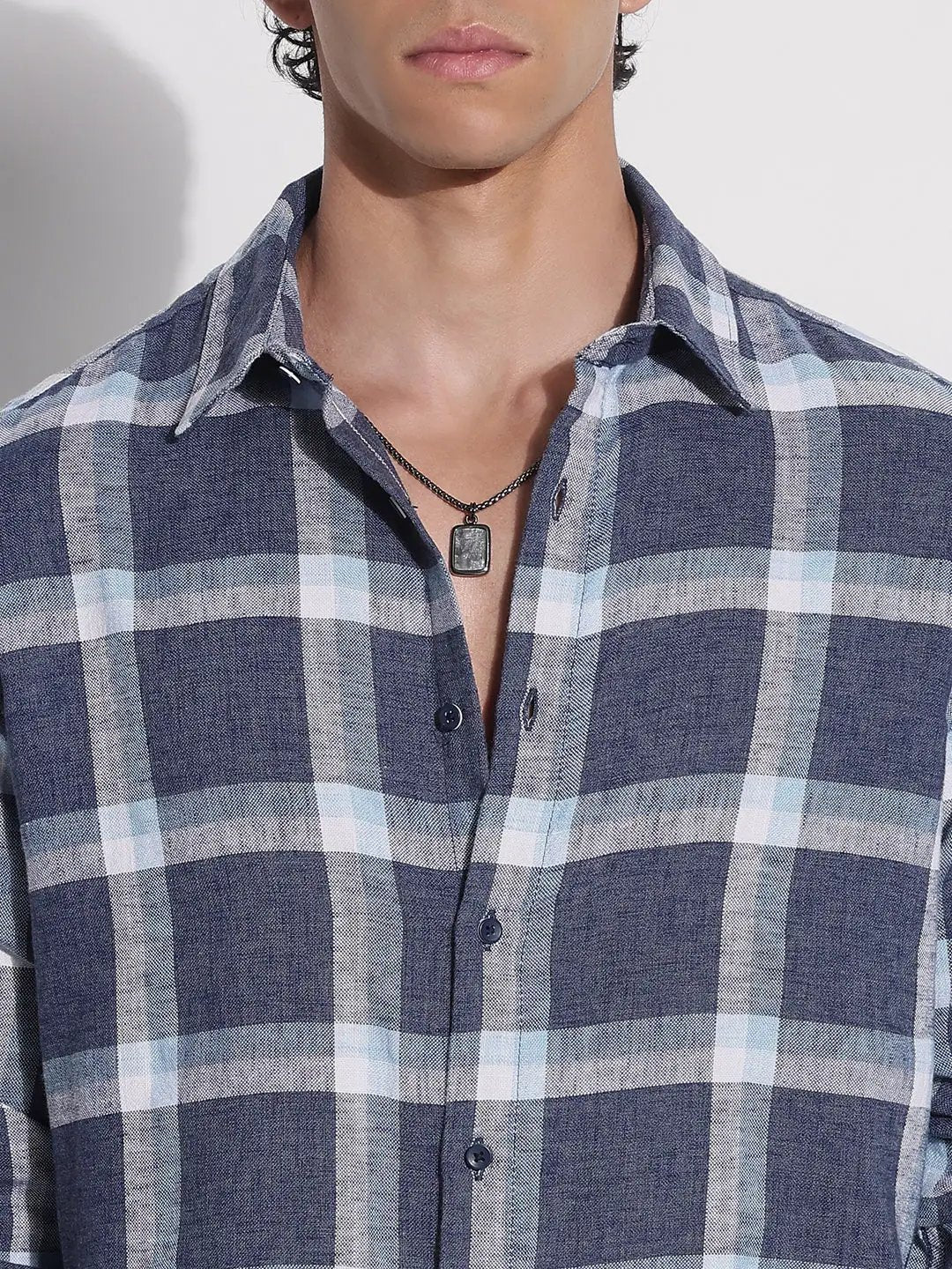Men's Navy Blue Checked Relaxed Fit Shirt - from SHOWOFFFF