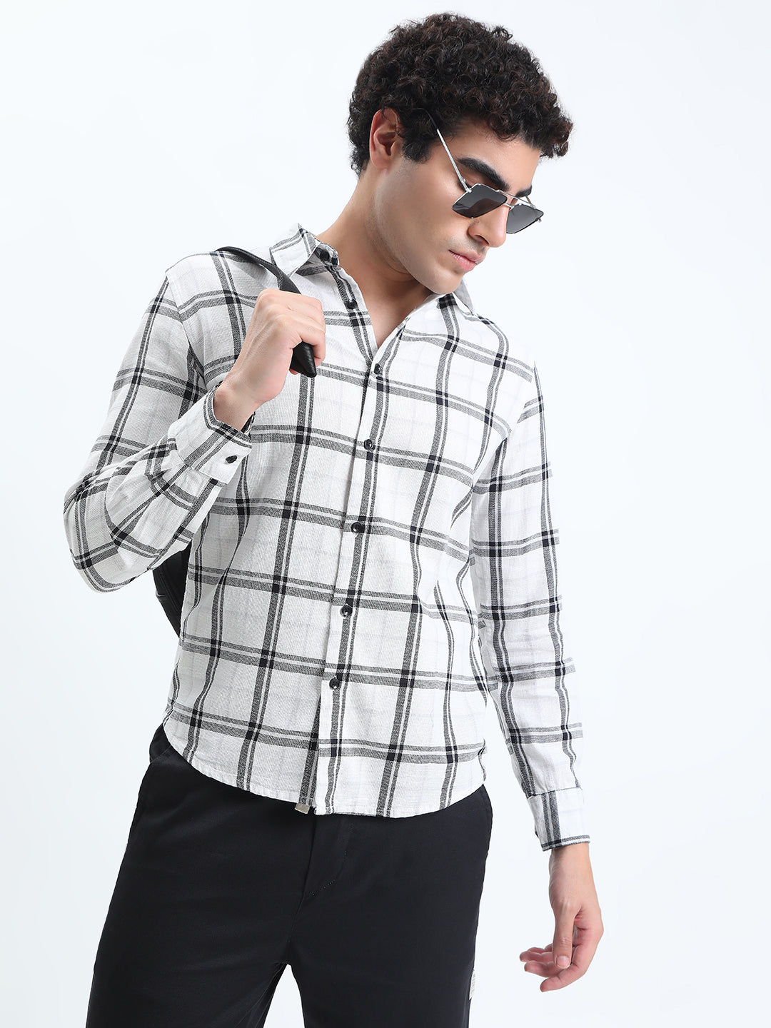 Men's Checked White Long Sleeve Slim Fit Shirt