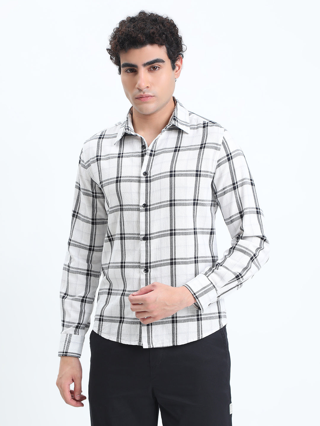 Men's Checked White Long Sleeve Slim Fit Shirt