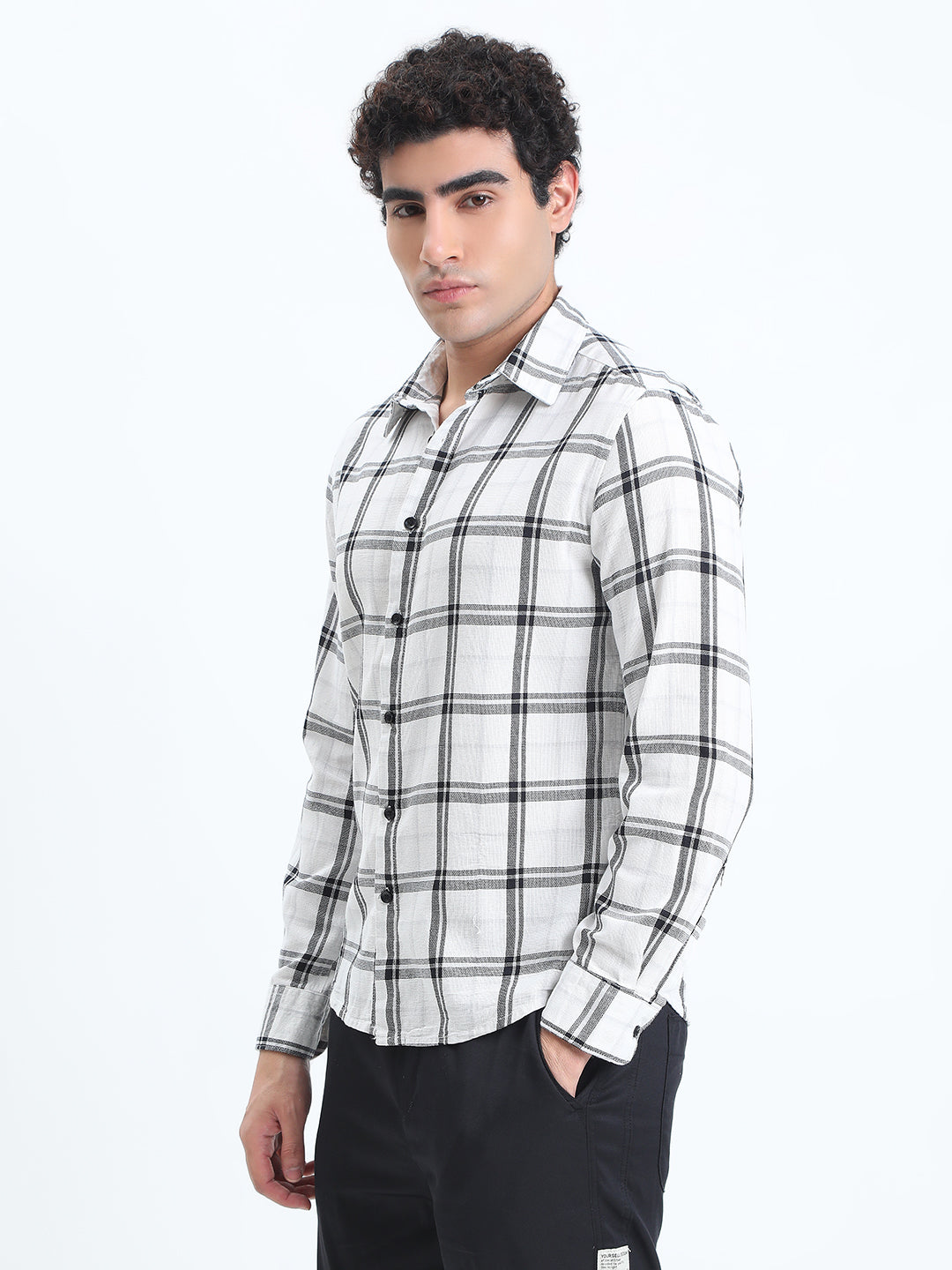 Men's Checked White Long Sleeve Slim Fit Shirt