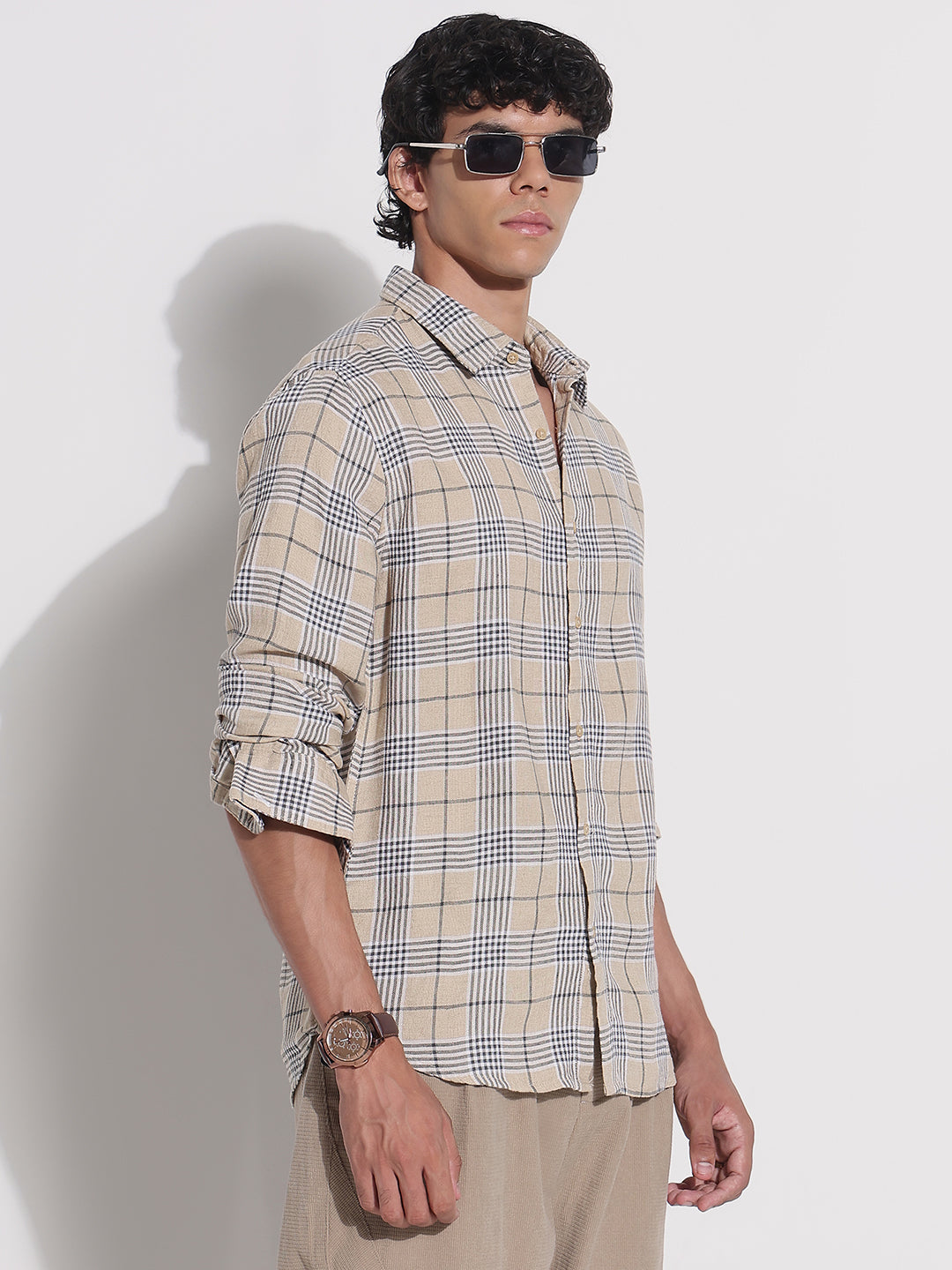 Men's Beige Checked Relaxed Fit Shirt