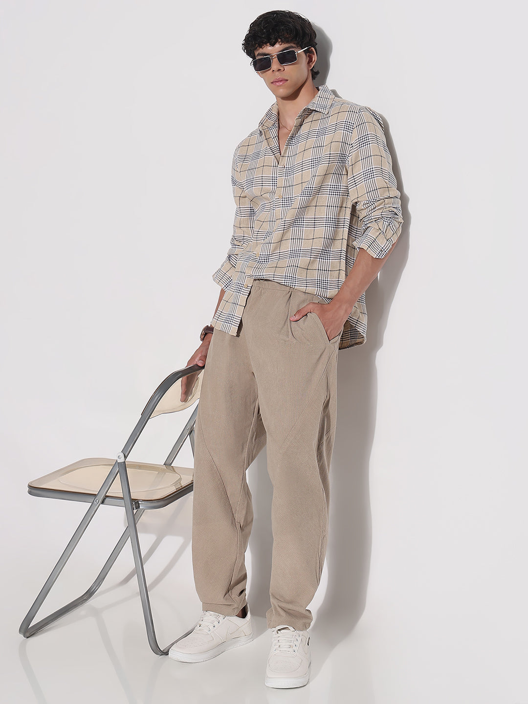 Men's Beige Checked Relaxed Fit Shirt