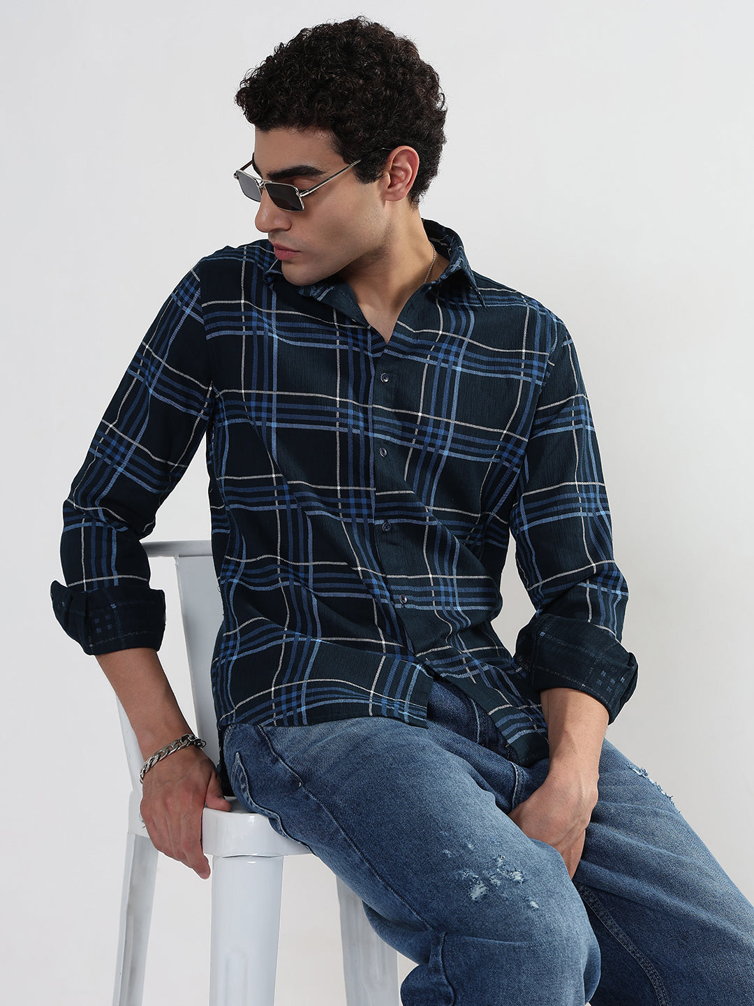 Men's Checked Navy Blue Slim Fit Shirt