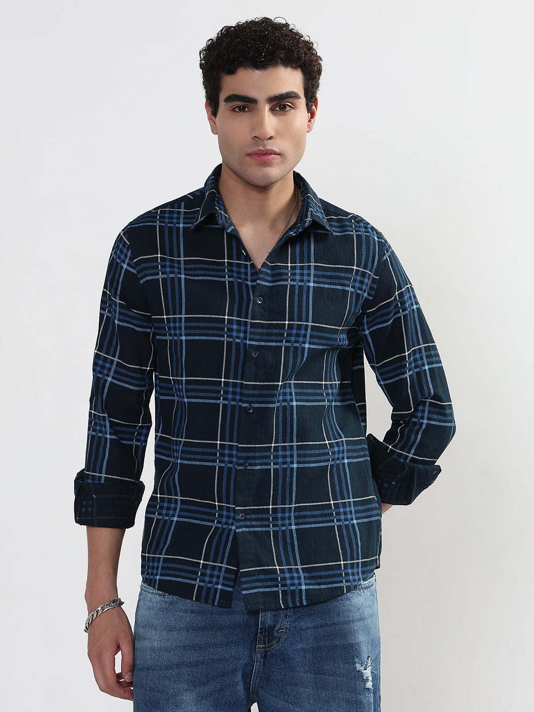 Men's Checked Navy Blue Slim Fit Shirt