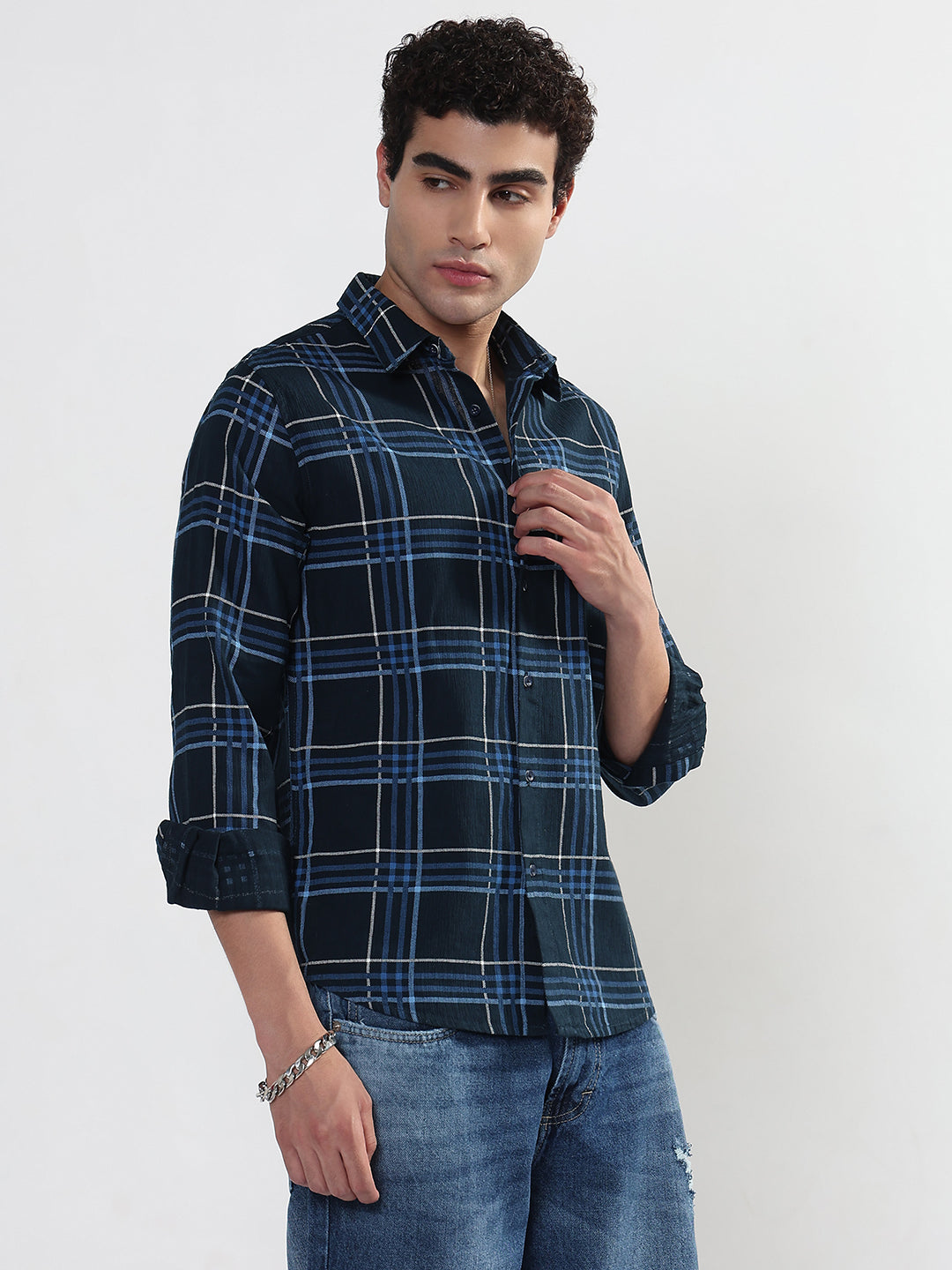 Men's Checked Navy Blue Slim Fit Shirt