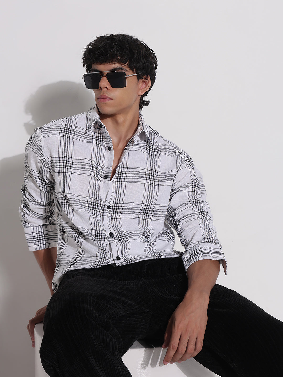 Men's White Checked Relaxed Fit Shirt