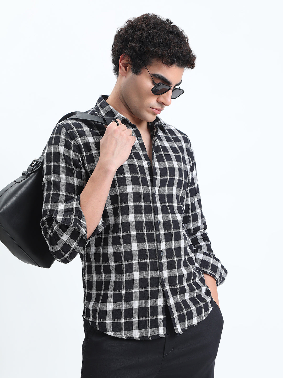 Men's Checked Black Long Sleeve Slim Fit Shirt