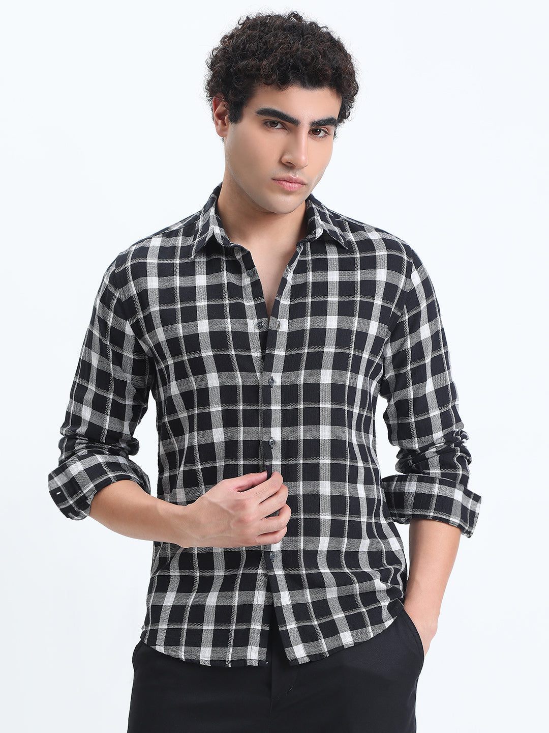 Men's Checked Black Long Sleeve Slim Fit Shirt
