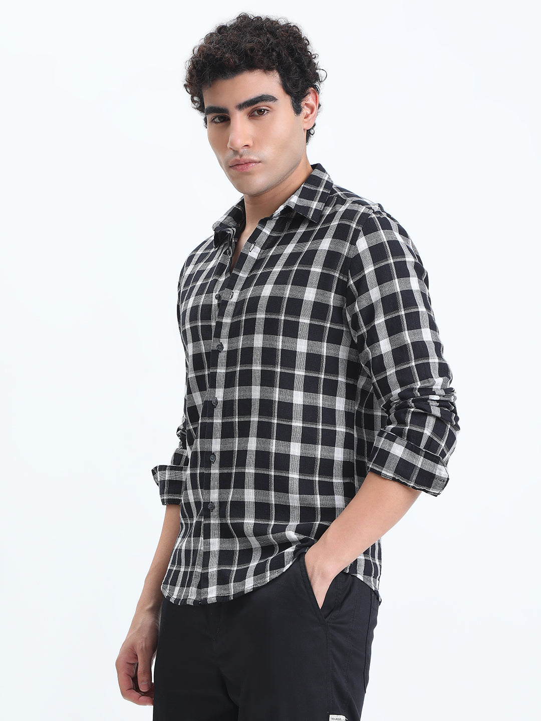Men's Checked Black Long Sleeve Slim Fit Shirt