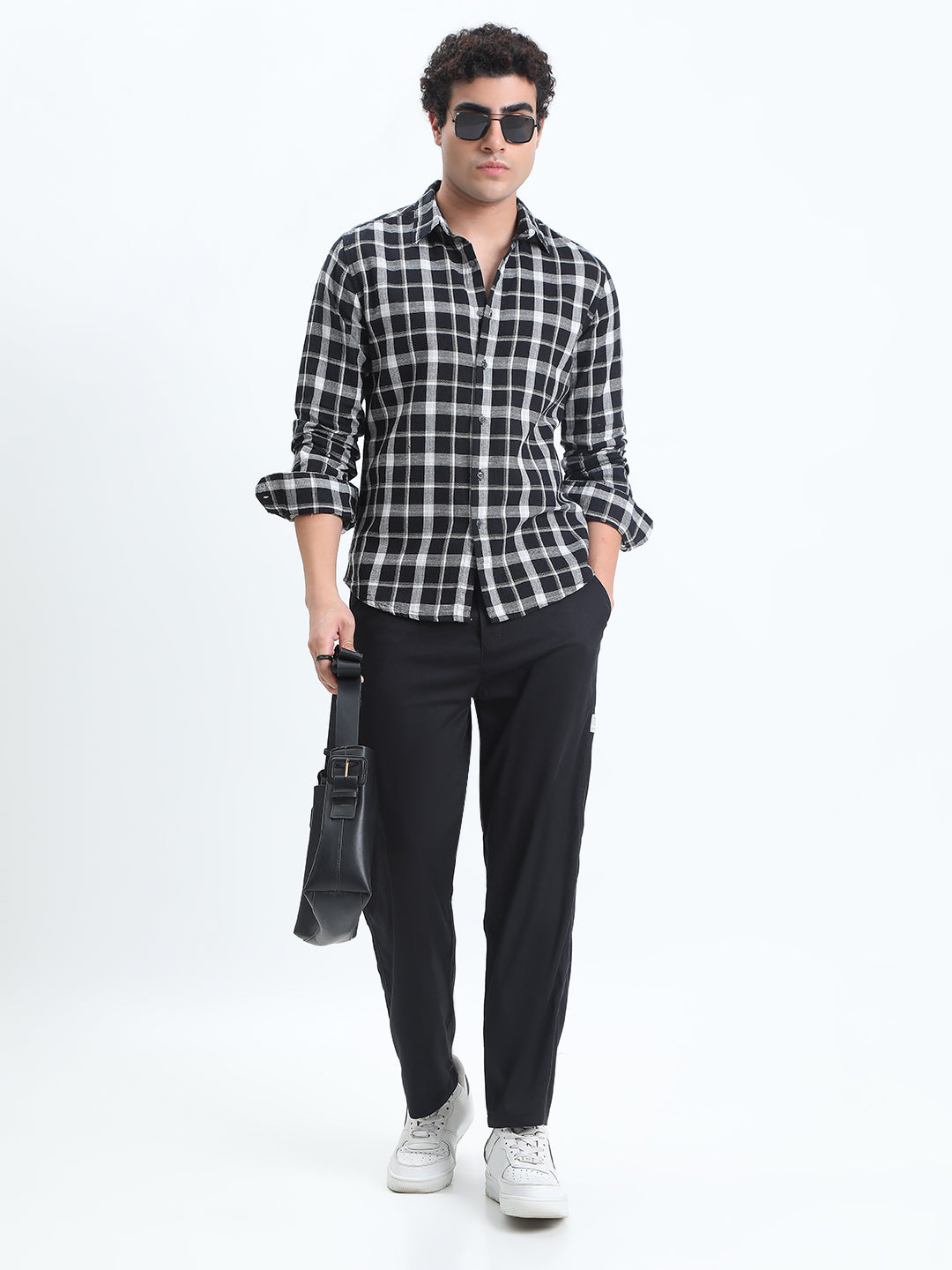 Men's Checked Black Long Sleeve Slim Fit Shirt