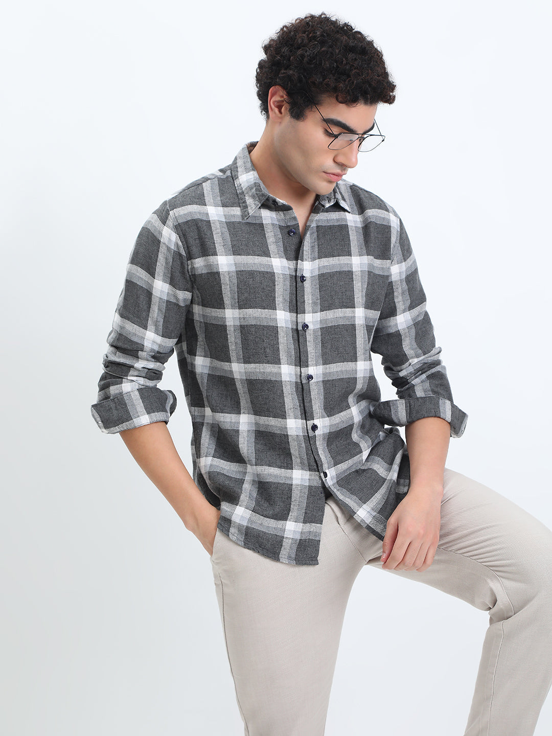Men's Checked Grey Long Sleeve Slim Fit Shirt
