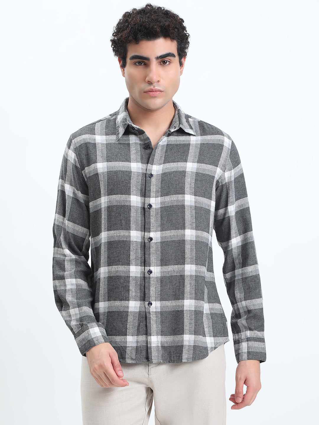 Men's Checked Grey Long Sleeve Slim Fit Shirt