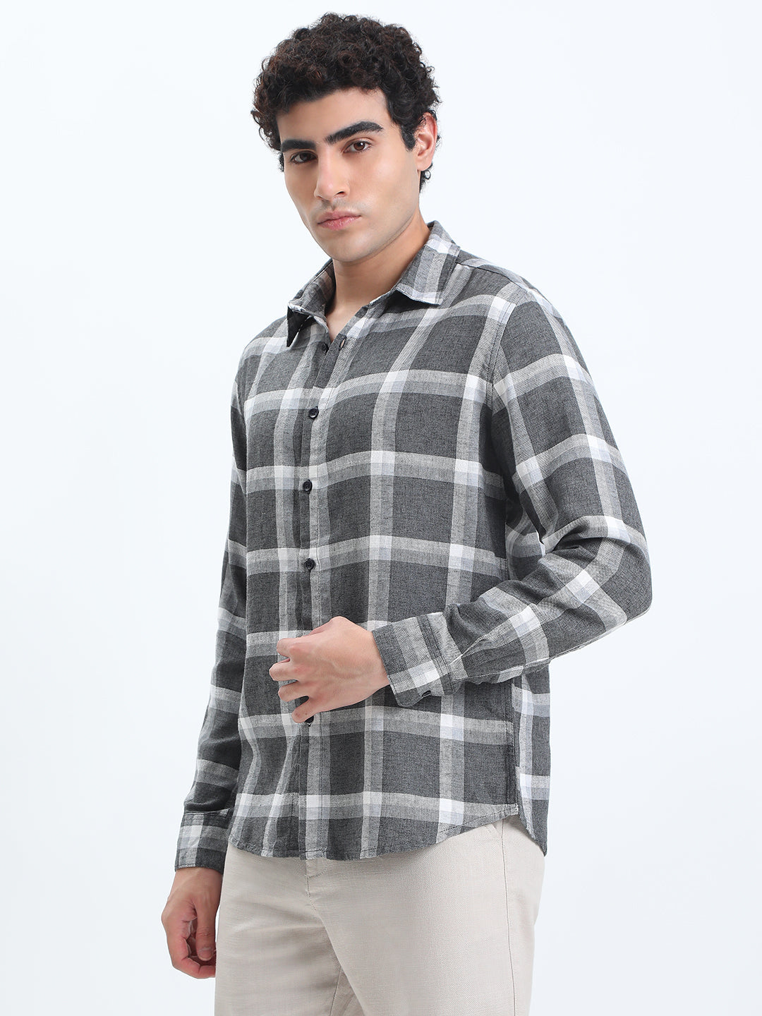 Men's Checked Grey Long Sleeve Slim Fit Shirt