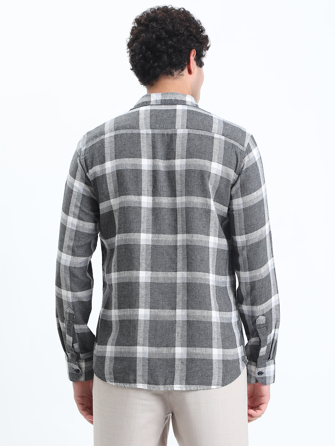 Men's Checked Grey Long Sleeve Slim Fit Shirt