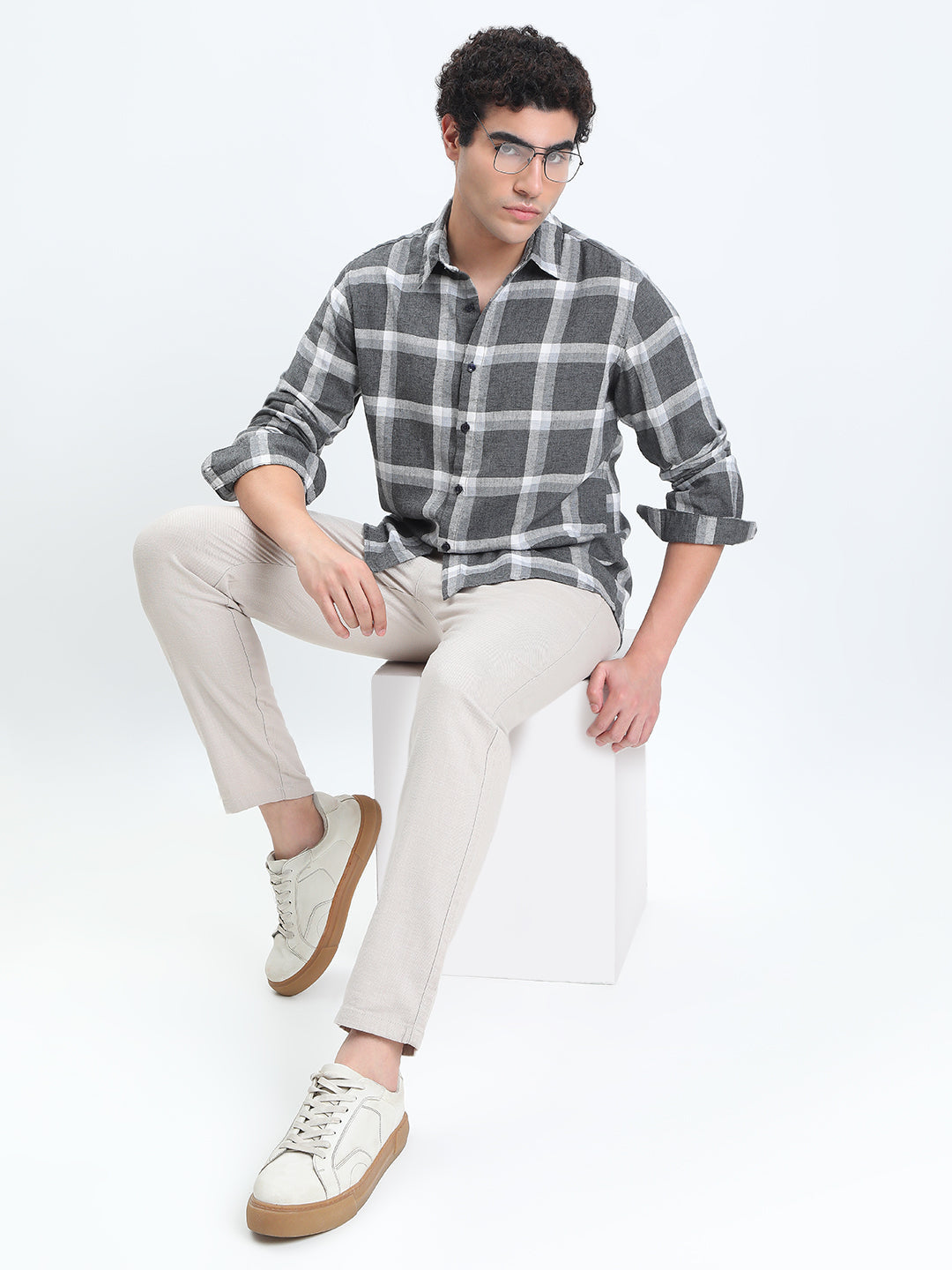 Men's Checked Grey Long Sleeve Slim Fit Shirt