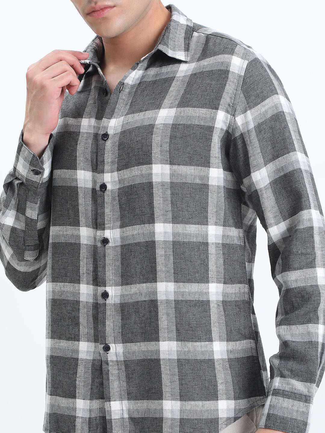 Men's Checked Grey Long Sleeve Slim Fit Shirt